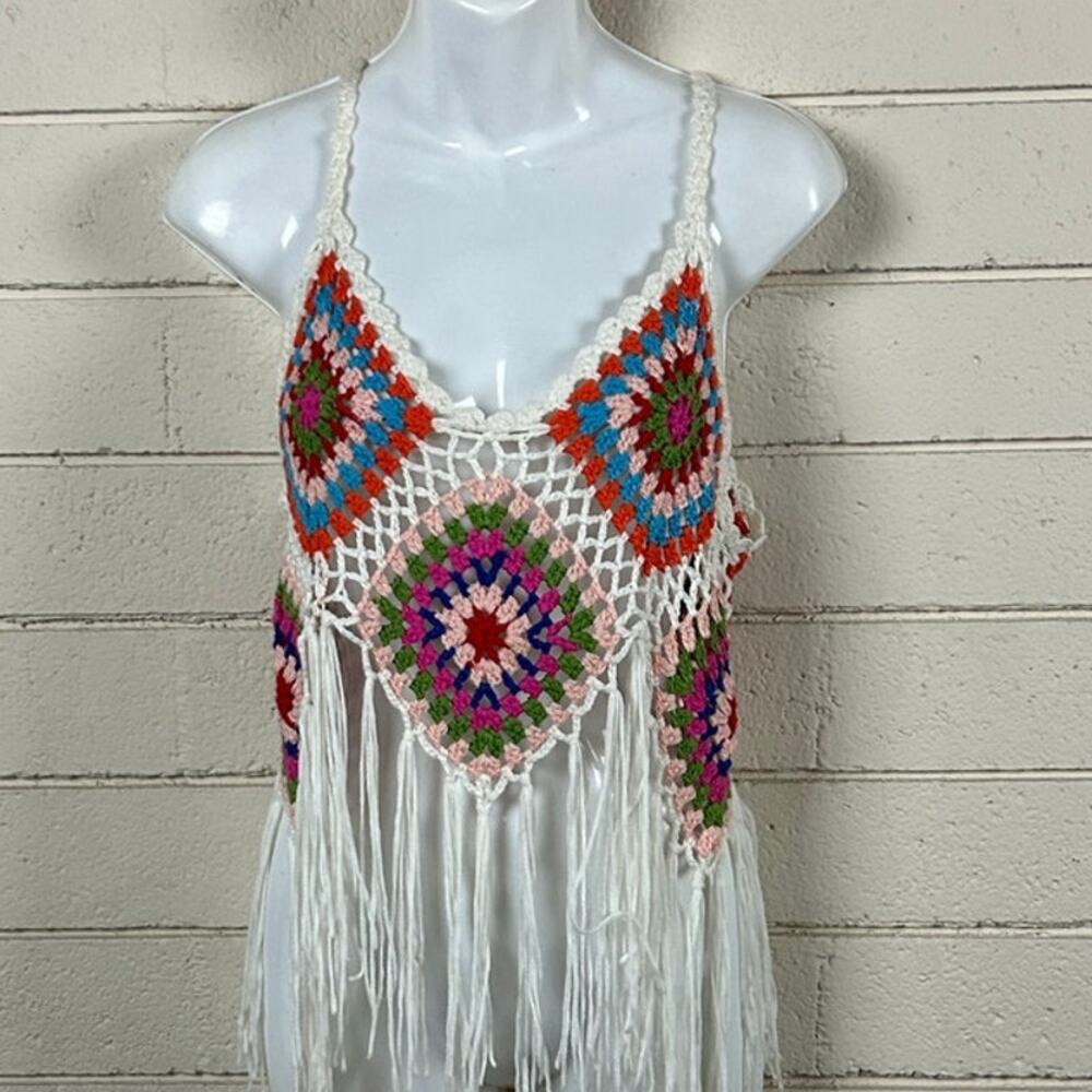 Rebellion Again Top Womens Multicolor Festival Crochet Tank Size S - Picture 8 of 8